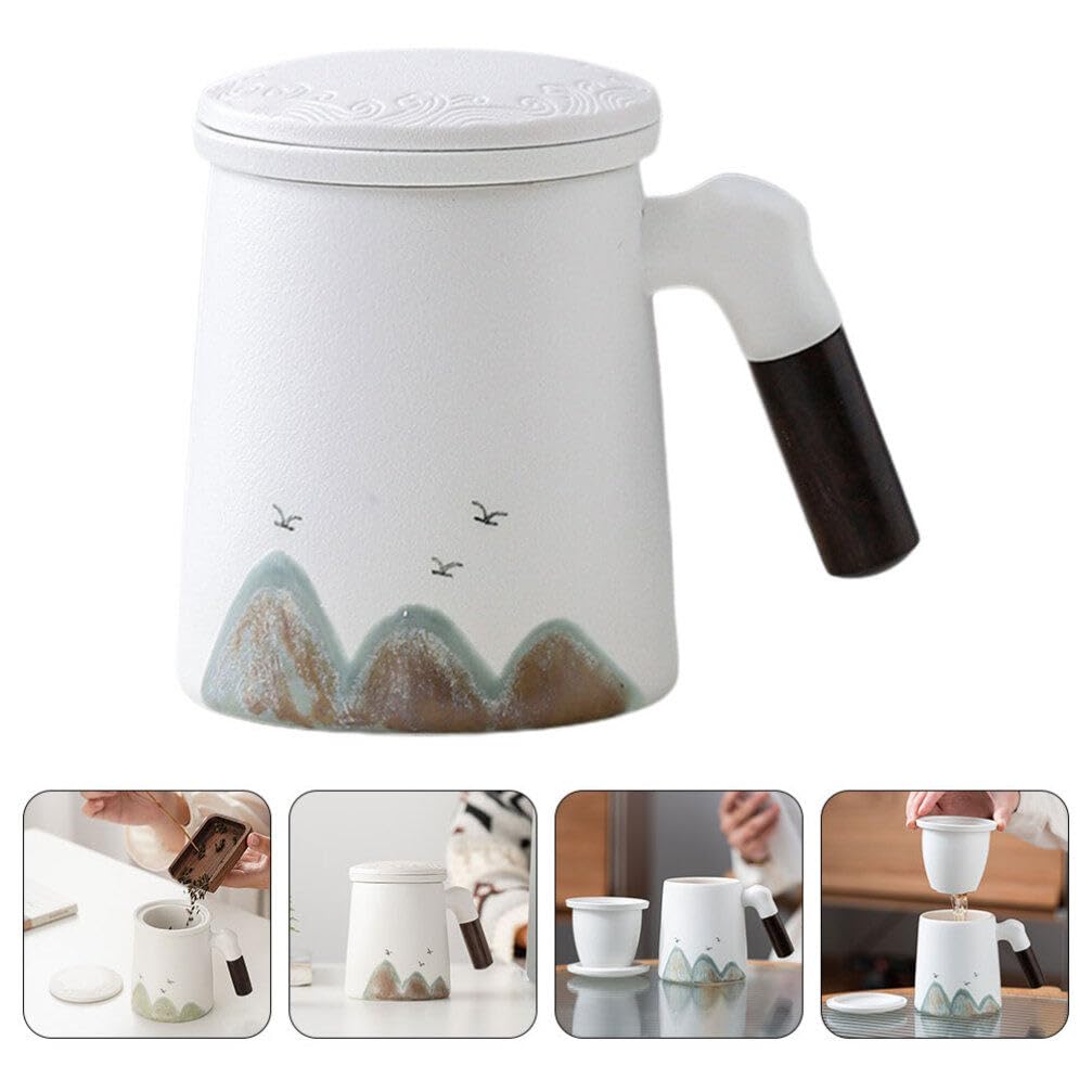 Taza de Cerámica con Infusor y Tapa para Infusiones de Té, Diseño Ligero y Mango de Madera, Adecuada para Uso en Escritorio y Aficionados al Té