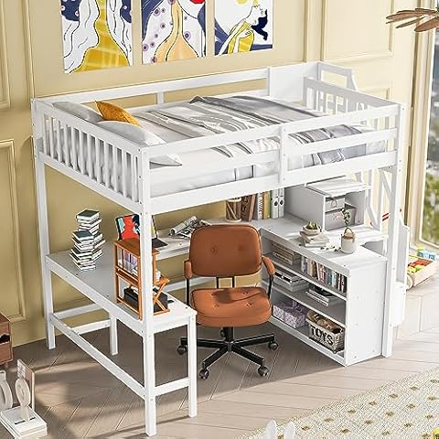 SOFTSEA Full Size Loft Bed with Stairs and L Shaped Desk, Wood Loft Bed with Desk and Storage Drawers Shelves, Stairway Loft Bed Frame with Storage Staircase Bookcase for Adults Kids Teens, White Cover