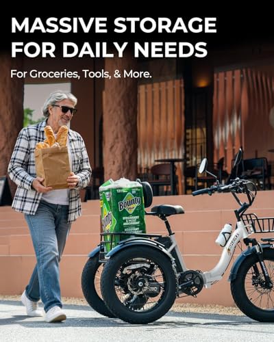 Image of Skeri Electric Tricycle for Adults, 750W(Peak 1350W) Motor Etrike, 20 inchx4 inch Folding Fat Tire Electric Trike, 48V13Ah Battery, 3-Wheel Electric Bike, 20MPH, Front & Rear Basket & Differential