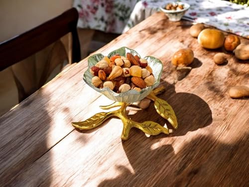 Image of Elegant German Silver Flower Bowl With Gold Leaf Stand - Premium Mixed Nuts, Candy & Dried Fruits Gift Set For Festive Snacking ,?0.2 L