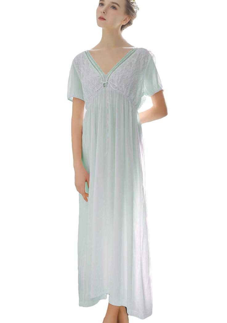 Women's Long Short Sleeve Vintage Lace V Neck Nightgown Cotton Sleepwear
