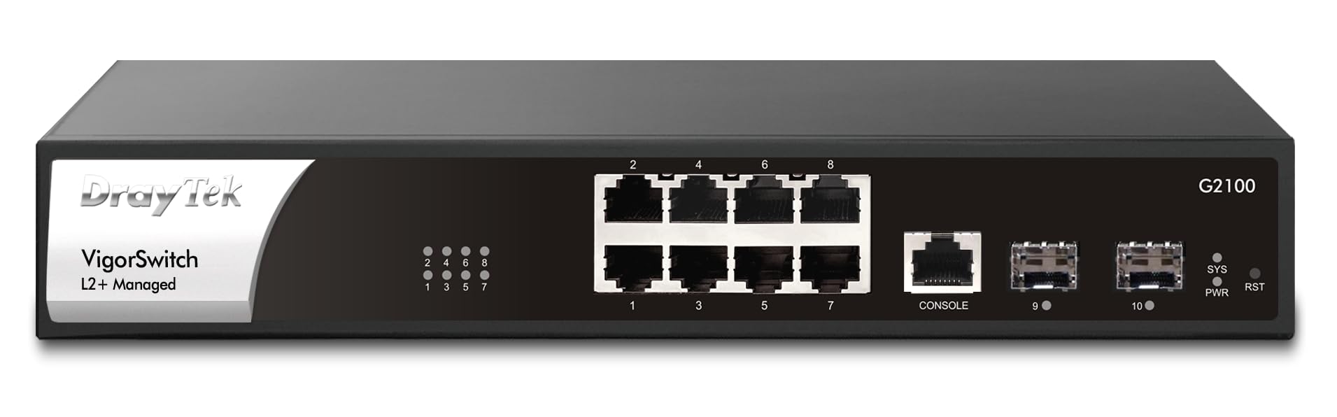DrayTekVigorSwitch G2100, 8- Port Gigabit Layer 2+ Managed Switch, 2 SFP Uplink Ports, Rack Mountable, Central Site Management, QoS