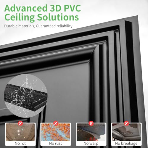 Image of Art3d 12 Pack PVC Ceiling Tiles, 24x48 Inches Glup Up Decorative Ceiling Tiles for Home, Gym and Office, Covering 96 Sq.,ft., Rectangular Black