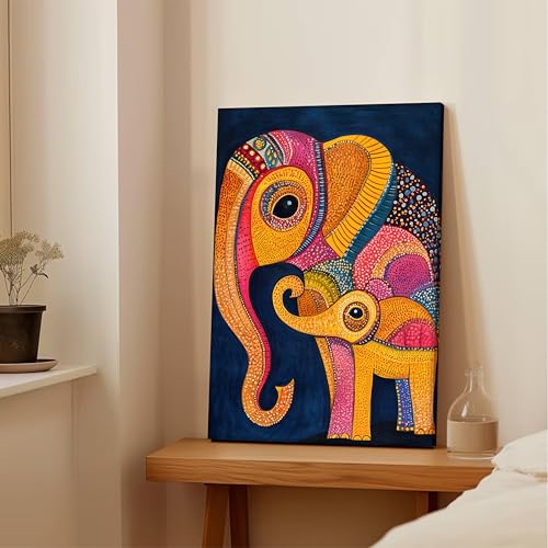 Image of PAINTINGMANTRA Gond Art of Elephants Wall Decor Print Multicolor | Canvas Painting Stretched on Wood | Suits For Living Room, Bedroom, Hallways (16x22 Inch)