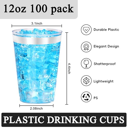 Image of 100 Pcs Silver Plastic Cups,12oz Silver Rimmed Plastic Cups,Heavy Duty Disposable Plastiic Wine Glasses Cocktail Glasses Premium Cup with Silver Rim for Party,Wedding,Christmas