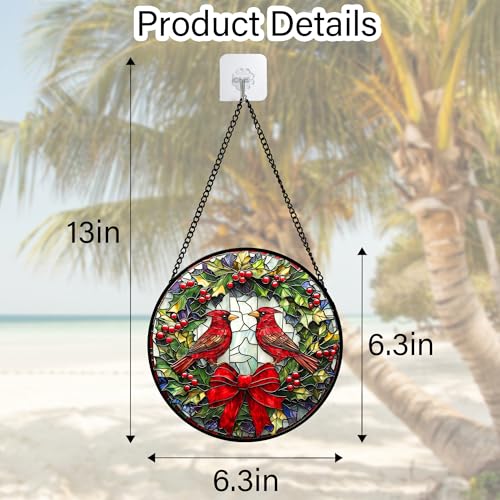 Image of DASTOLL Stained Glass Window Hanging - Cardinals Green Wreath Suncatcher for Doors Home Christmas Decoration Red Bird Sun Catcher Thanksgiving New Year Birthday Gift for Women Men Mom Nana 6.3 in