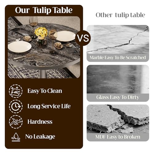 Image of 31.5 inchTulip Table, Sintered Stone Small Round Dining Tables&Metal Edge&Base | Small Modern Circle Dining Table for 2-4 Person ,Bistro Tables for Dining Room /Restaurants /Small Spaces /Starlight Gray