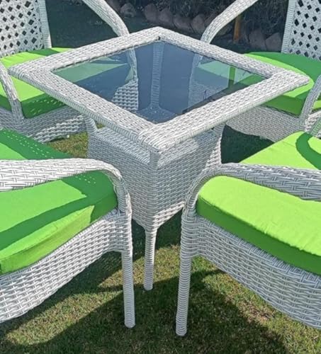 Image of PRATHAM India Patio 4+1 Furniture Set Bistro Set Porch Backyard Garden Outdoor Furniture Rattan Chairs and Table Wicker Conversation Set (White with Black Lines, Green Cushion 4+1 Square Table)