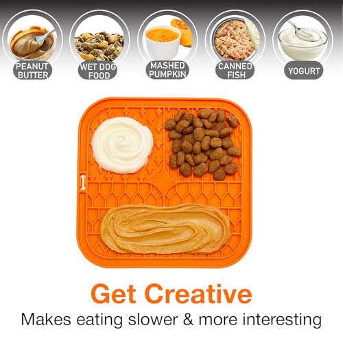 Image of Licking Mat for Dogs and Cats | Premium Lick Mat Suction Cups | Anxiety and Boredom Relief | Slow Feeding Mat Puzzle Toy | Food Grade Silicone Distraction Toy (Orange)