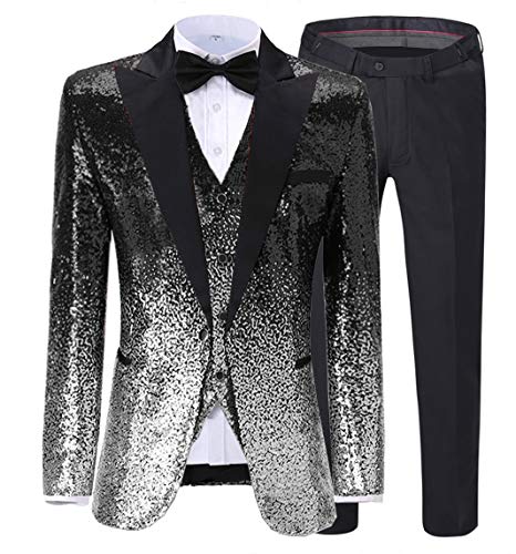 Mens Sequins Blazer Vest Suit Peak Lapel 3 Piece Vintage Gradient Stage Party Shiny Fashion Tuxedos