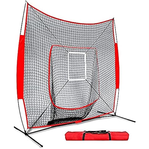 Baseball Practice Net, FOME 7ft x 7ft Softball Practice Net Hitting Batting Catching Pitching Training Net with Strike Zone Fielding Net with Carry Bag Metal Bow Frame Great for All Skill Levels Cover