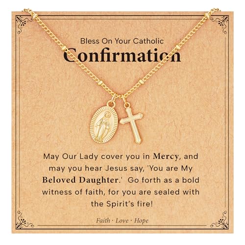 Jesvo Catholic Confirmation Gifts for Teen Girls Virgin Mary Cross Charm Necklace Religious Jewelry for Teen Teenage Kids Age