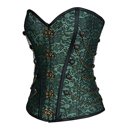 Image of Charmian Women's Steel Boned Steampunk Gothic Bustier Corset with Chains | Overbust Corset, Premium Brocade & Leather, Clasp Closure, Lace-up Back