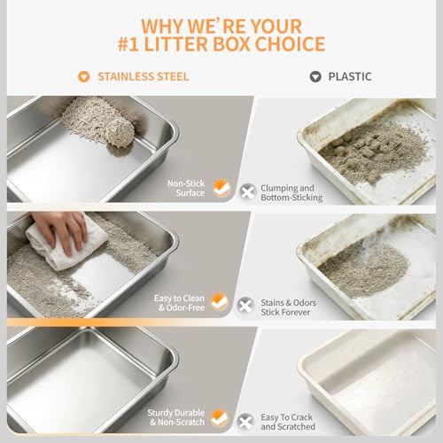 Image of Stainless Steel Cat Litter Box with Lid, Enclosed Extra Large Metal Litter Pan for Big Cats, Full Flip Cover High Sided LitterBox Include Scoop, Easy Cleaning, Non-Stick, White