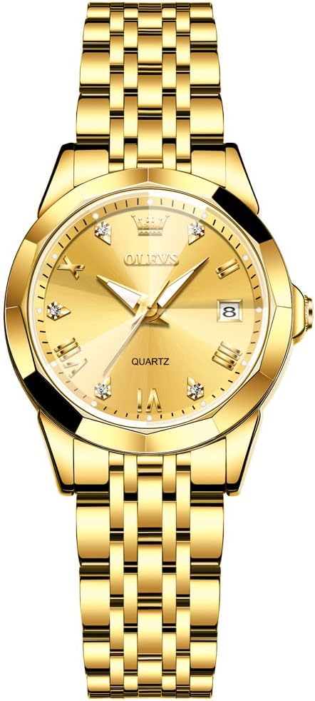 OLEVS Stainless Steel Watch for Women Small Wrist, Women Dress Watch with Date, Waterproof Ladies Watch Quartz Diamond