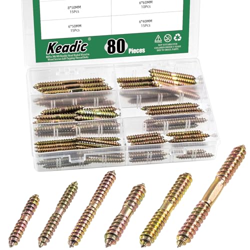 Keadic 80Pcs Double Headed Bolts, Zinc Plated Dowel Screws, M6 M8 Double Ended Screws Double Ended Rod Connector, Self-Tapping Thread Screw Wood to Wood Dowel Screw Connecting Wood for Furniture