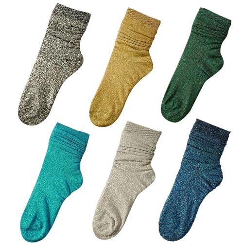 CENAST 6 Pairs Women's Novelty Glitter Ankle Socks Casual Ladies Bright Retro Sox Piles Sock 6 Colors