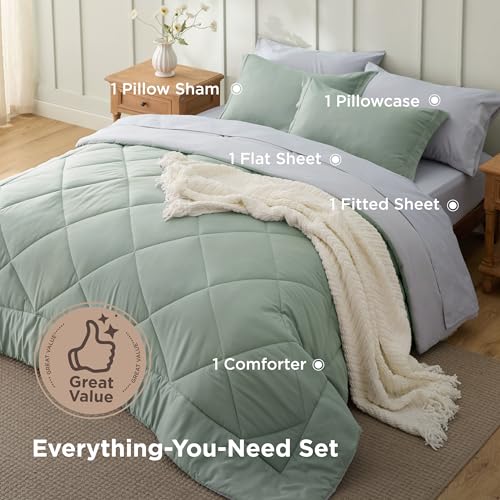Image of Bedsure Sage Green Twin Comforter Sets - 5 Pieces Reversible Twin Bedding Sets for College, Sage Green Extra Long Bed Set Twin with Comforters, Sheets, Pillowcase & Sham