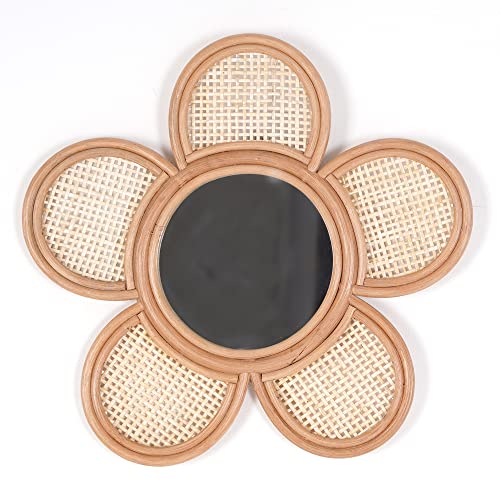 Image of NEERGREVE Mounted Mirror, Flower Wicker Rattan Decorative Mirrors for Living Room Bedroom Office (5 Petals)
