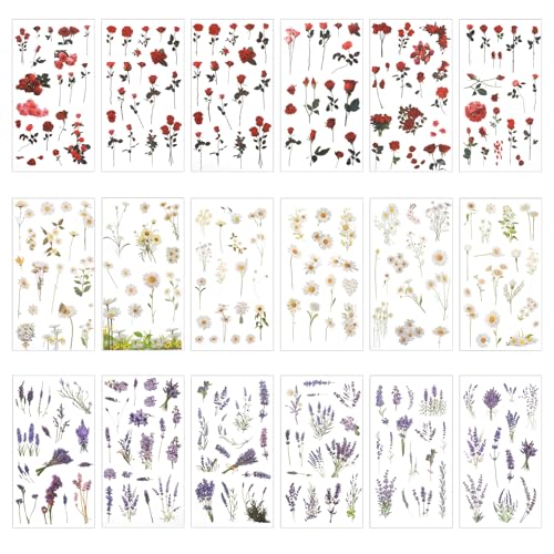 Prasacco 370 Stück/18 Blatt Blumen Scrapbooking Aufkleber, Wasserfester Blumenaufkleber aus PET Selbstklebende Vintage Flower Stickers für DIY Scrapbooking, Basteln (Rose + Gänseblümchen + Lavendel)