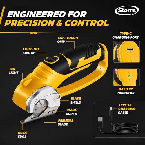 Image of Cordless Electric Scissors, Rechargeable Cardboard Cutter, Rotary Fabric Cutter for Fabric, Carpet, Leather, Plastic & Packaging Materials, Safety Lock, LED Light, USB-C Charging, 75 Min Runtime