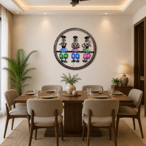Image of Bharat Art Cap Lady in Ring Metal Wall Art | Tribal Musician Iron Wall Hanging Decor | Handmade Ethnic Round Wall Sculpture for Living Room Bedroom Office Hotel | Size 17 x 02 x 17 Inch | SKU W332 A