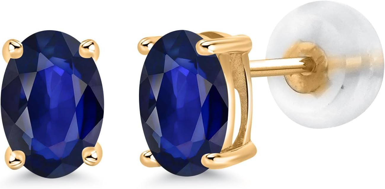 Gem Stone King 14K Yellow Gold Oval Blue Sapphire Stud Earrings | 0.90 Cttw | Gemstone September Birthstone | Oval 6X4MM | Gold Earrings For Women Men