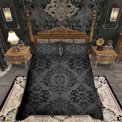 Loussiesd Adultes Noir Vintage Damask Floral Housse de Couette 240x260cm Oriental Antique Ensemble de literie Gothique Bohème Boho Floral Parure de Lit...