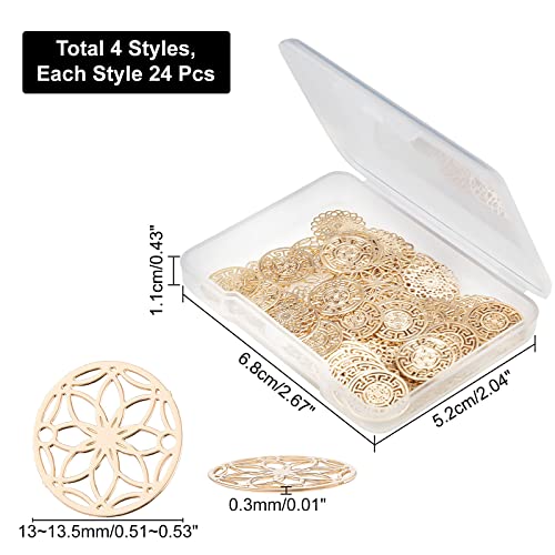 CHGCRAFT 96Pcs 4 Style Filigree Flat Round Connectors Flower Filigree Wrap Charms Brass Etched Metal Embellishments Long-Lasting Plated for Jewelry Making Diameter 13-13.5mm - Image 2