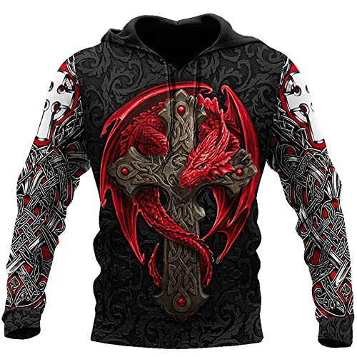 Unisexo Sudadera con Capucha de dragón Sudadera con Cremallera Informal Jersey de Cuello Redondo Sudadera de Manga Larga con Estampado de dragón en 3D