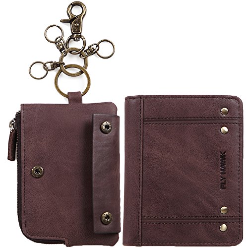 FLY HAWK Mens Genuine Leather RFID Blocking Bifold Wallets with Coin Pouch and Keychains