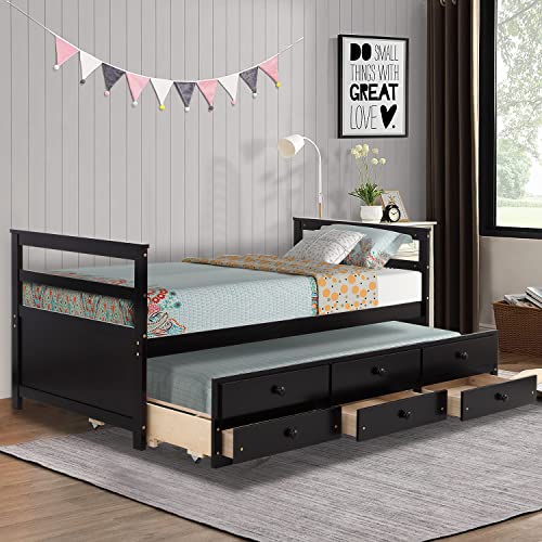 Windaze Twin Trundle Bed With Storage, Captain Bed With 3 Drawers, Wood Trundle Bed Frame With Pull Out Bed For Children Teens, Wooden Slat Support No Box Spring Needed, Brown #TOP6