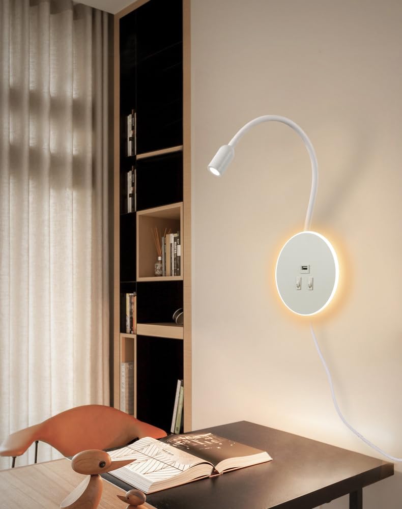 LED Kinkiet, gęsia szyja z Przełącznikiem, z portem ładowania USB, Obrotowa Lampka Nocna Nowoczesna Lampa do Czytania lampki Ścienna, 3W 3000K+8W 6000K do sypialni, Z kablem i wtyczką (Biały)