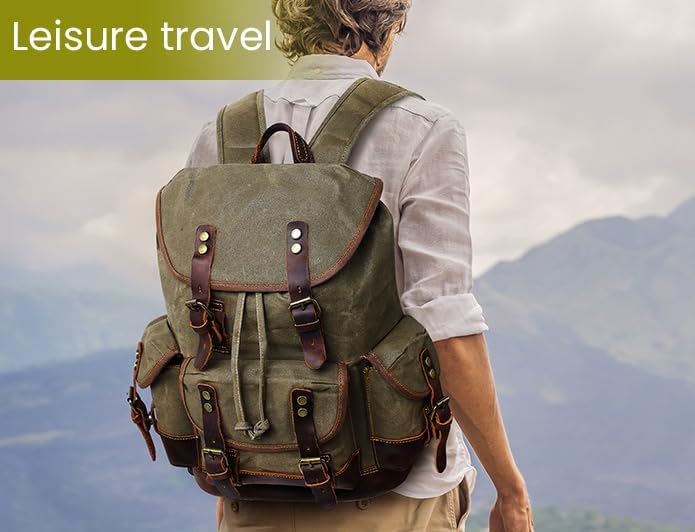 HuaChen Vintage Canvas Leather Backpack: Spacious Durable Rucksack for Men & Women, Perfect for Travel and College Life - M86 Army Green Coffee - Image 7