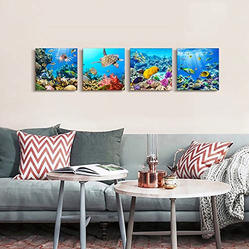 Canvas Wall Art for Living Room- family Bedroom Canvas Pictures Artwork Bathroom Wall Decor- 4 Panels Coral and Sea Fish and Turtles Ocean Theme Stretched and Framed Ready to Hang Modern Home Decor - Image 5