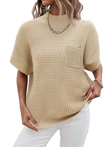 Image of Women 2026 Sweater Vest Mock Neck Batwing Short Sleeve Oversized Ribbed Knit Tops Fall Pullover Sweater S-XXL
