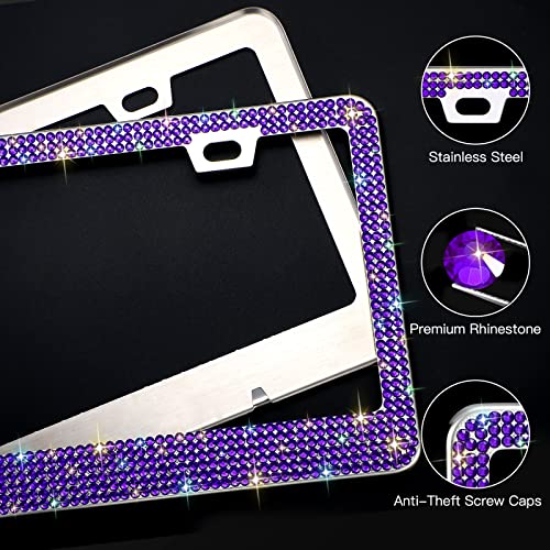 Car Bling License Plate Frame 2 Pack, Sparkly 2 Holes Acrylic Crystal Stainless Steel Universal License Plate Frame With Screw Caps Covers For Us Auto Vehicles (Purple) #TOP4