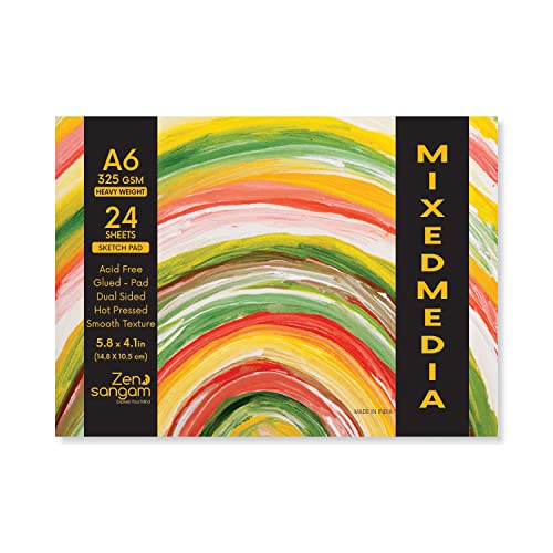 Image of Zen Sangam Artists' A6 Heavy Weight Mixed Media Glued Sketch Paper Pad - 325GSM, Hot Pressed - 24 Sheets - Smooth Texture Surface (10.5x14.8cm) For Heavy-body Paints,Calligraphy and BrushPen Lettering