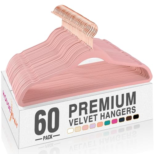 HOUSE DAY Pink Velvet Hangers 60 Pack, Premium Non-Slip Felt Clothes Hanger | Durable Space Saving Hangers, Sturdy for Suits, Heavy Duty Coat + No Hanger Marks, 360° Swivel Rotating Rose Gold Hook