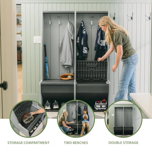 LIFETIME Storage Locker, Freestanding Cabinet with Benches & Shoe Cubbies, Organizer with Metal Hooks, UV‑Protected Weather‑Resistant - Thumbnail 3