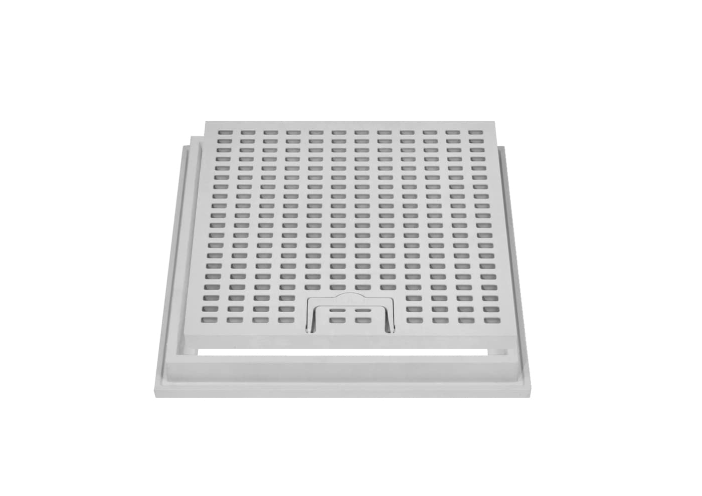 Caditoia griglia chiusino con grigliato e telaio in PP plastica pvc anti UV maniglia e maglia antitacco cm 65x65 esterno telaio 72x72