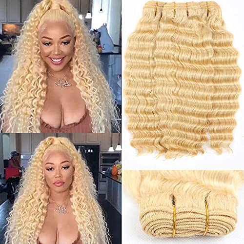 Blonde Bundles 613 Deep Wave 3 Bundles Blonde Human Hair Bundles 100% Brazilian Unprocessed Virgin Human Hair Bundles Hair Extensions (10 12 14, 613 Deep)