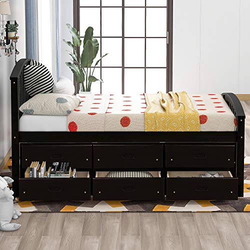 Julyfox Espresso Bed Frame Twin W/ 6 Drawers, Pine Wood Bed Platform With Headboard Footboard Wood Slats Daybed No Box Spring Needed Heavy Duty Captain’s Bed For Kids Teens Juniors Small Spaces #TOP4