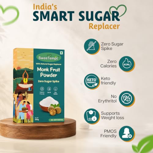 Image of SweeTempt Monk Fruit Sweetener Powder 300g PK of 2 | Zero Calorie Sugar Substitute | No Erythritol | Diabetic, Keto & PMOS Friendly | 250 Serving | 1:1 Sugar Replacer for Cooking & Baking, Tea, Coffee & Sweets