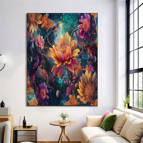 Póster de fantasía naranja para dormitorio con flores celestiales en lienzo de 60x90 cm