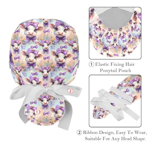 Image of 2 PCS Bouffant Cap with Button Ponytail Pouch Working Cap Sweatband Adjustable Surgical Cap Black and White Cow