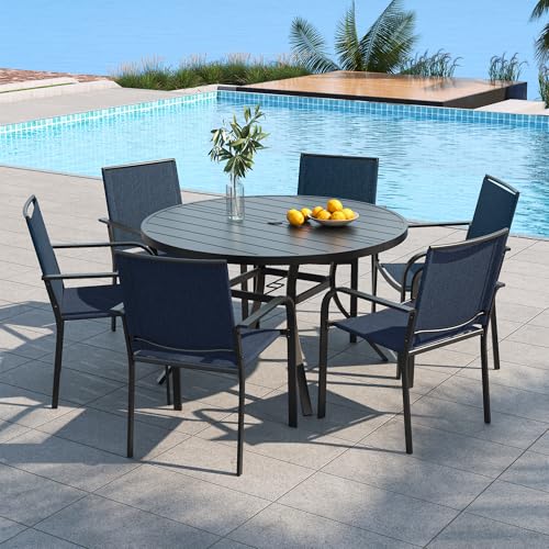 7 Piece Outdoor Navy Stacking Chairs and 48" Round Table Patio Dining Set