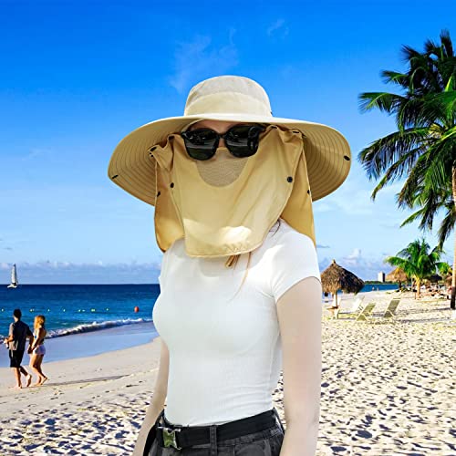 Image of Women Wide Brim Face Mask Sun Hat Detachable Neck Face Flap Ponytail UV Protection Visor Hat Garden Fishing Hiking