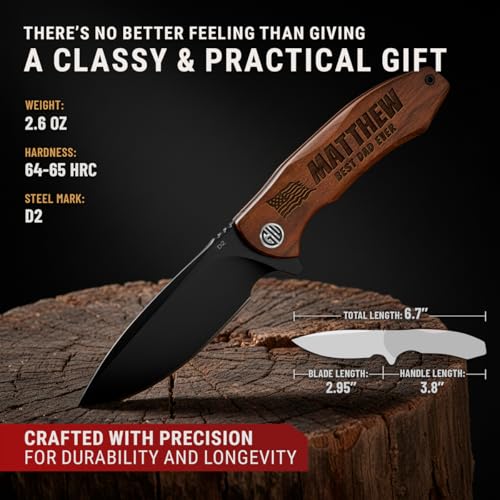 Image of GOOD WORKER Custom Knife with D2 Blade, Guibourtia Wood - Personalized Pocket Knives for Men - Engraved Gifts for Men Husband Boyfriend - Customized Present for Birthday, Anniversary - 6700 PS N2
