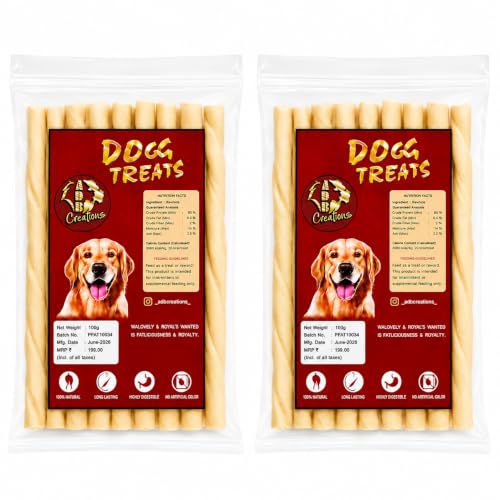 Image of ADB Creations Dog Food Chew Stick Milky Rawhide Calcium Twisted Munchie Treats Nutritional Benefits Strengthen Bones and Teeth for All Breeds Dogs and All Life Stages (200 gram)